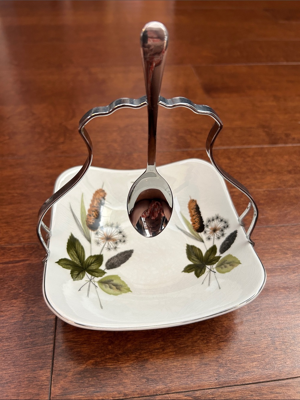 Vintage Midwinter Stylecraft "Riverside" Pattern Ceramic Dish with a Chrome-Trim